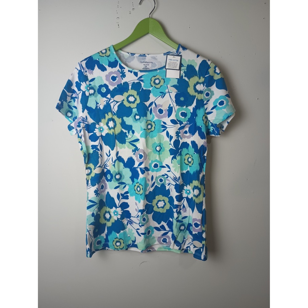Croft & Barrow Womens Pima Cotton Floral Short Sleeve T-Shirt Blue Green M NWT